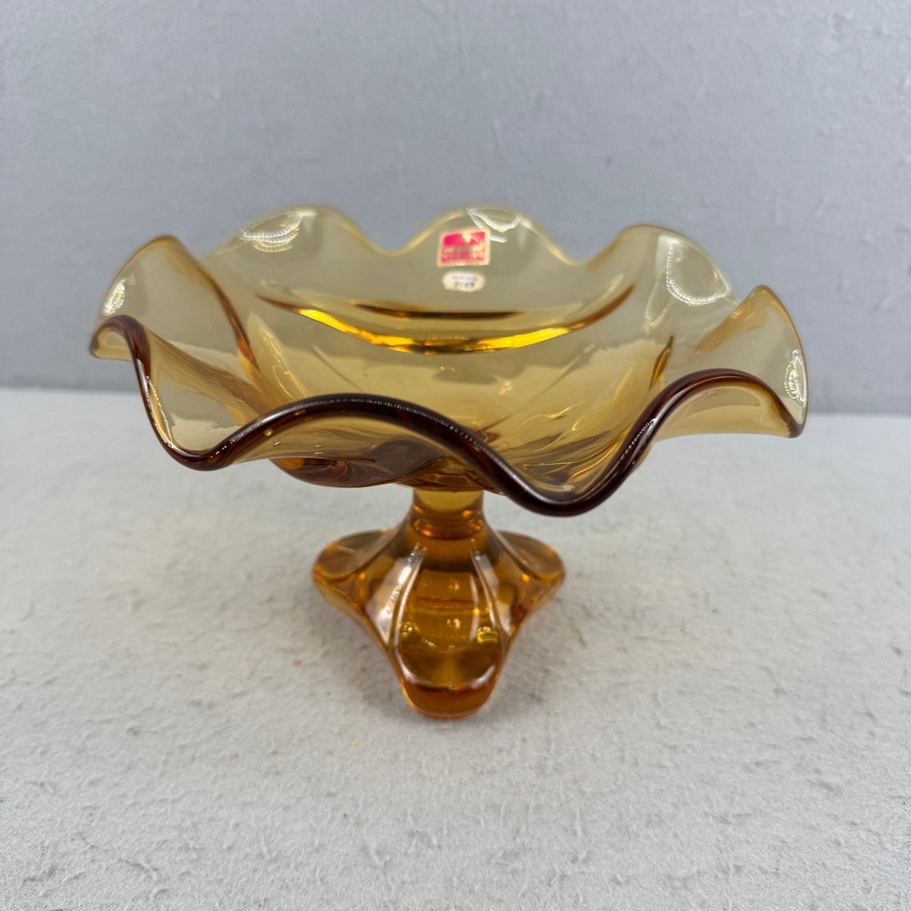 Viking Glass 7107 Amber Ruffled Hand Made Three Footed Compote Bowl‎ MCM